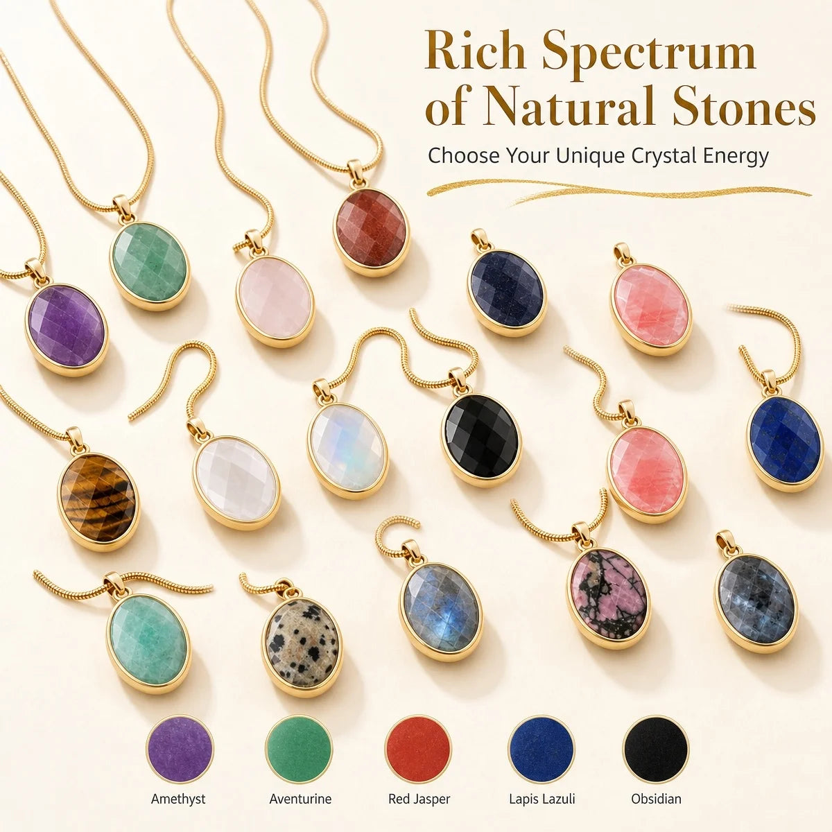 Faceted Oval Natural Crystal Gold Plated Pendant Necklace Snake Chain Multiple Stone Healing Stone Necklace