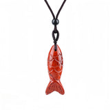 Handmade Craved Gemstone Fish Pendant Necklace Adjustable Rope Unique Gift for Her/Him