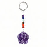 Natural Gemstone Flower Keychain with 7 Chakra Stone Beads Chain Hand Carved Gemstone Keyring Charm for Gift