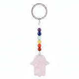 7 Chakra Stone Beads Chain Carved Gemstone Hamsa Hand Keychain Energy Balancing Healing Crystal Bag Charm of Fatima Key Ring  KC0671