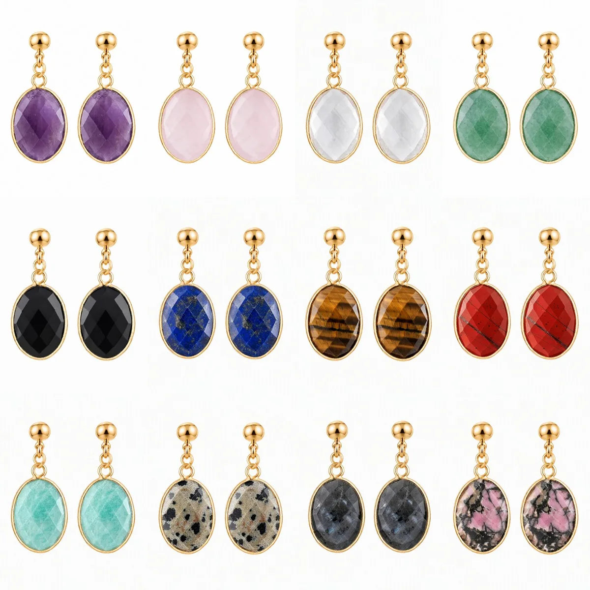 Gemstone Faceted Oval Gold Bezel Stud Dangle Stainless Steel Earrings Gold Plated Crystal Drop Earrings Jewelry Gift