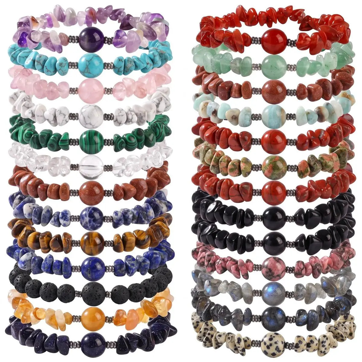 Natural Chip Gemstone Bracelet 10mm Optional Focal Round Bead Handmade Boho Stackable Healing Crystal Bracelet for Women #SB3159