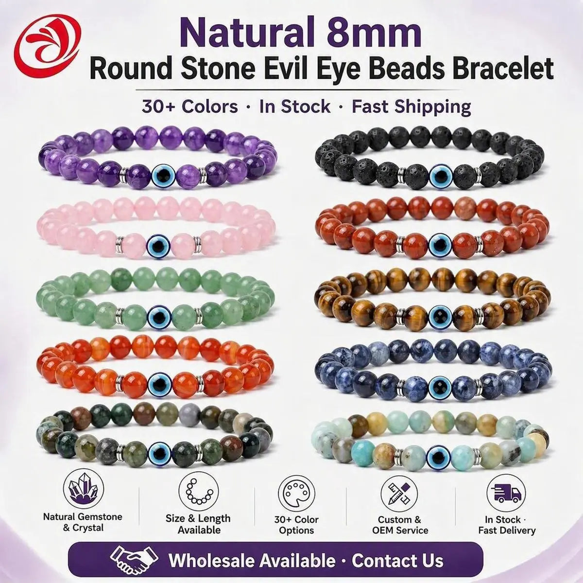8mm Natural Round Gemstone Evil Eye Stretch Bracelet, Elastic Cord Protection Crystal Beaded Wristband Unisex Multi‑Stone Choice Spiritual Gift #SB3143