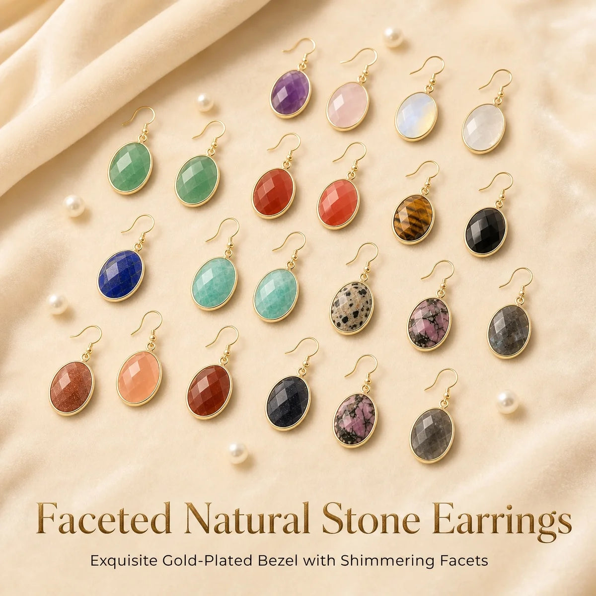 Natural Gemstone Faceted Oval Gold Bezel Fish Hook Dangle Earrings Gold Plated Crystal Drop Earrings Women Jewelry Gift