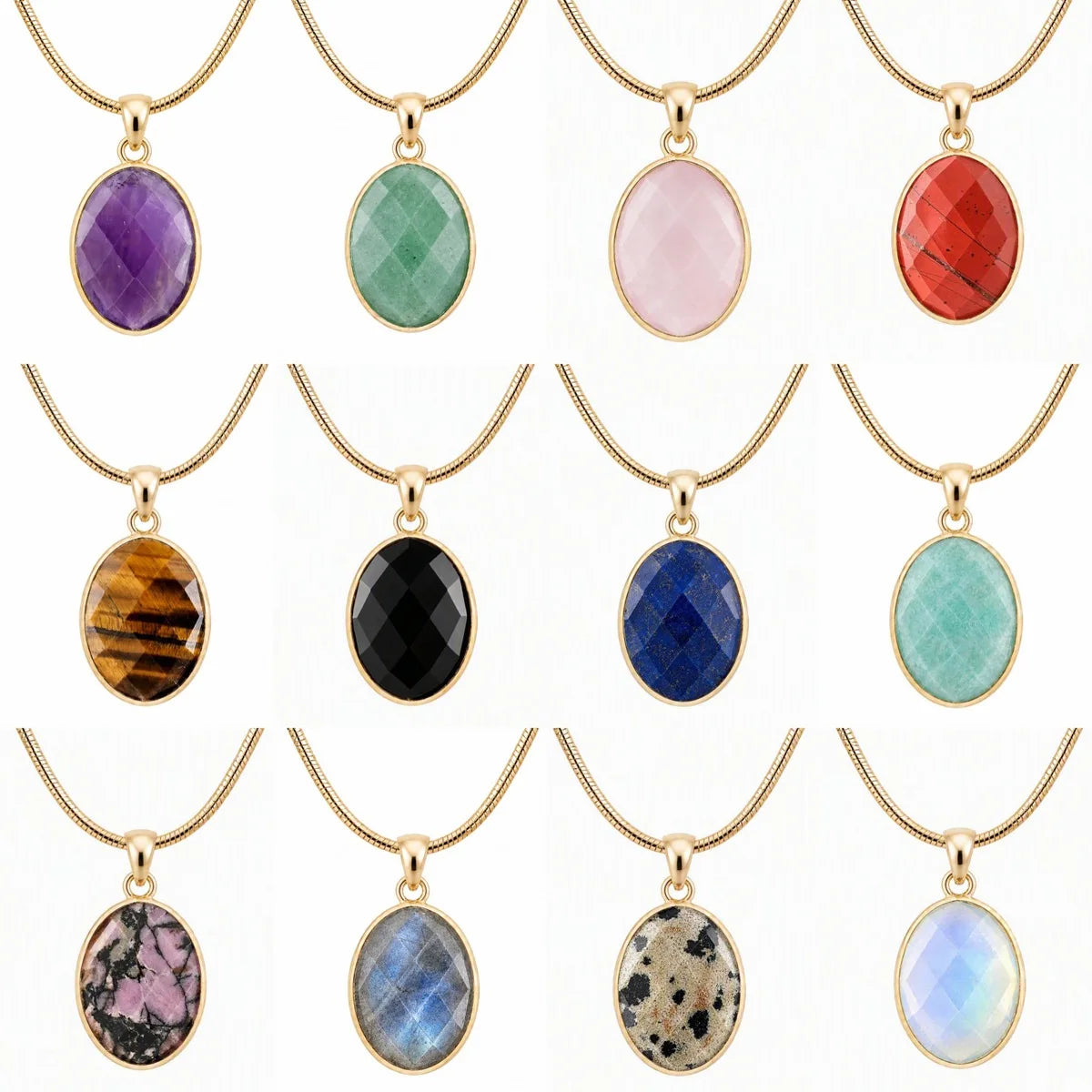 Faceted Oval Natural Crystal Gold Plated Pendant Necklace Snake Chain Multiple Stone Healing Stone Necklace