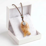 Yellow Jade  Adjustable Braided Rope Choker Necklace with Gemstone Fish & I Love My Cat Metal Heart Charm  Gift with Box
