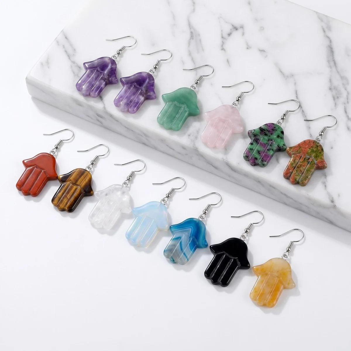 Hamsa Hand Natural Crystal Dangle Earrings Lucky Evil Eye Drop Earrings Spiritual Healing Jewelry For Women Daily Wear PE0671