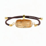 Rectangle Flat Natural Gemstone Bracelet, Adjustable Brown Braided Cord Gold‑Bezel Healing Crystal Handmade Unisex Stackable Wrist Jewelry