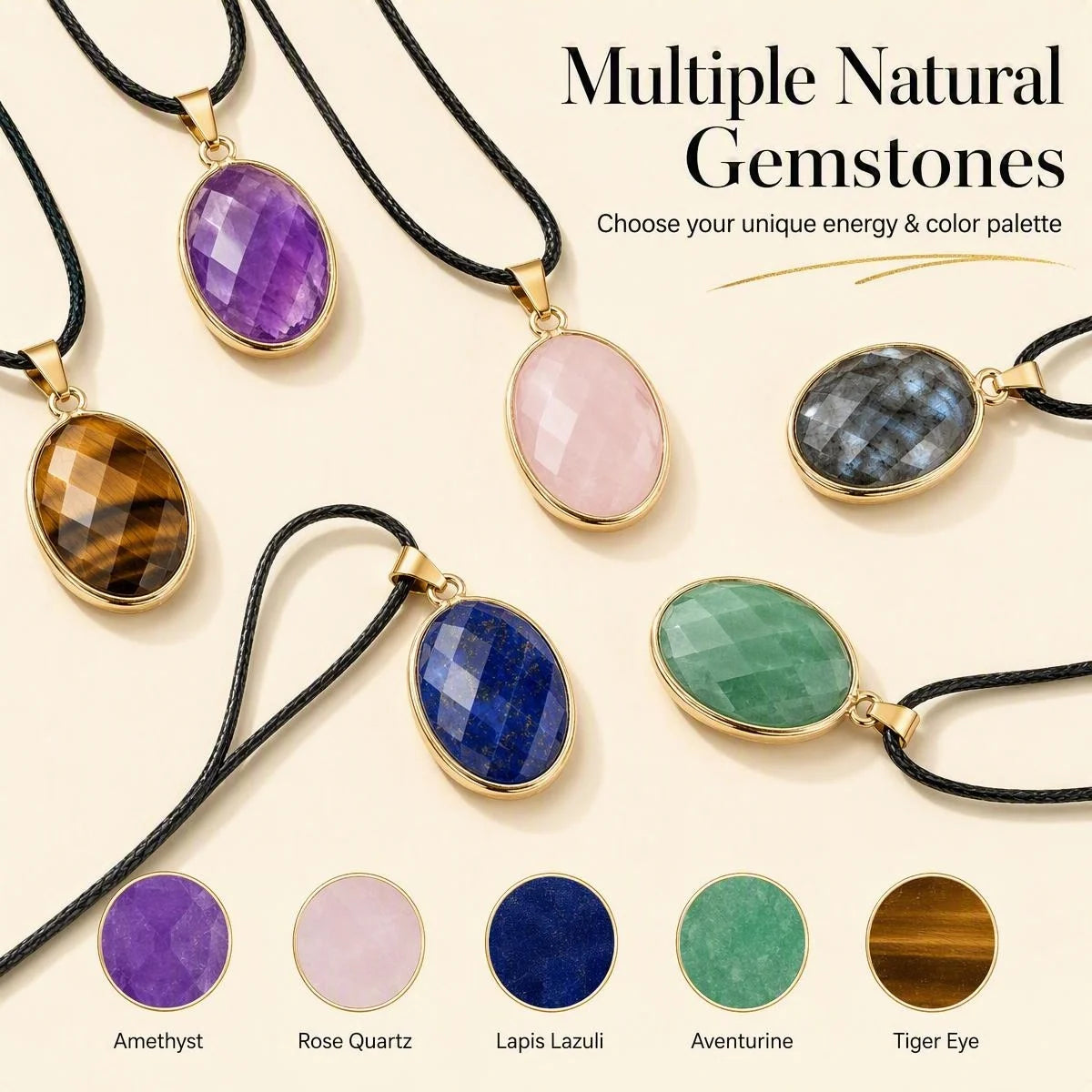 Gemstone Faceted Oval Gold Bezel Pendant Black Wax Rope Necklace Gift Multiple Stone Options Healing Crystal Necklace