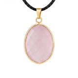 Gemstone Faceted Oval Gold Bezel Pendant Black Wax Rope Necklace Gift Multiple Stone Options Healing Crystal Necklace
