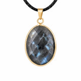 Gemstone Faceted Oval Gold Bezel Pendant Black Wax Rope Necklace Gift Multiple Stone Options Healing Crystal Necklace