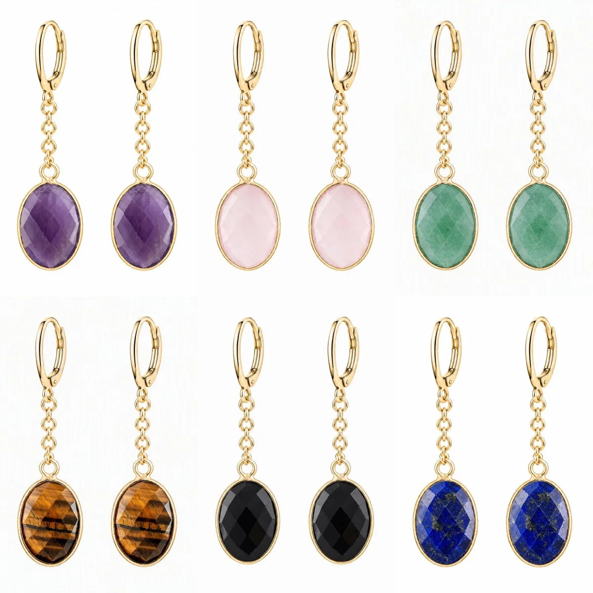Stainless Steel Leverback Dangle Earrings Gold Plated Oval Faceted Natural Gemstone Drop Earrings Women Crystal Jewelry