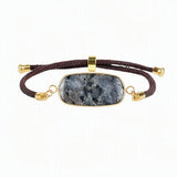 Rectangle Flat Natural Gemstone Bracelet, Adjustable Brown Braided Cord Gold‑Bezel Healing Crystal Handmade Unisex Stackable Wrist Jewelry