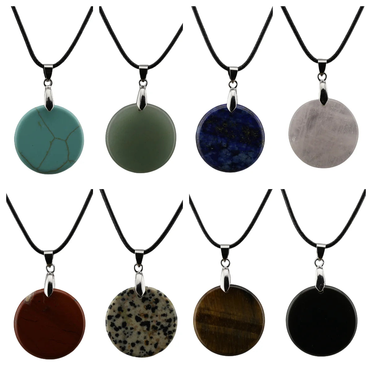 Natural Crystal Flat Round Disc Necklace, Genuine Gemstone Circle Coin Pendant, Minimalist Boho Healing Chakra Amulet with 18" Black Cord for Men & Women