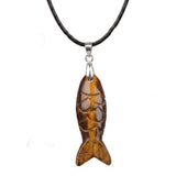 Handmade Craved Gemstone Fish Pendant Necklace 45cm Adjustable Leather Cord Spiritual Crystal Jewelry