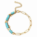 4mm Natural Stone Heishi Bead Bracelet Gold Stainless Steel Paperclip Chain Adjustable Multi-Color Gemstone Layering Jewelry #SB3163