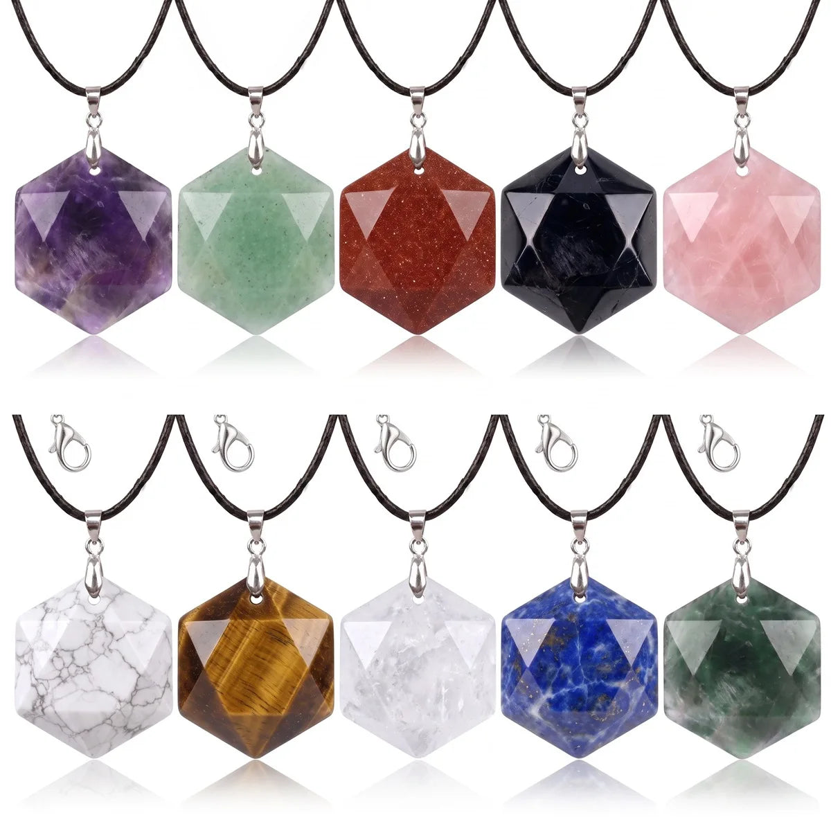 22mm Faceted Hexagon Natural Stone Necklace Healing Crystal Pendant with Black Rope Chain Jewelry Gift
