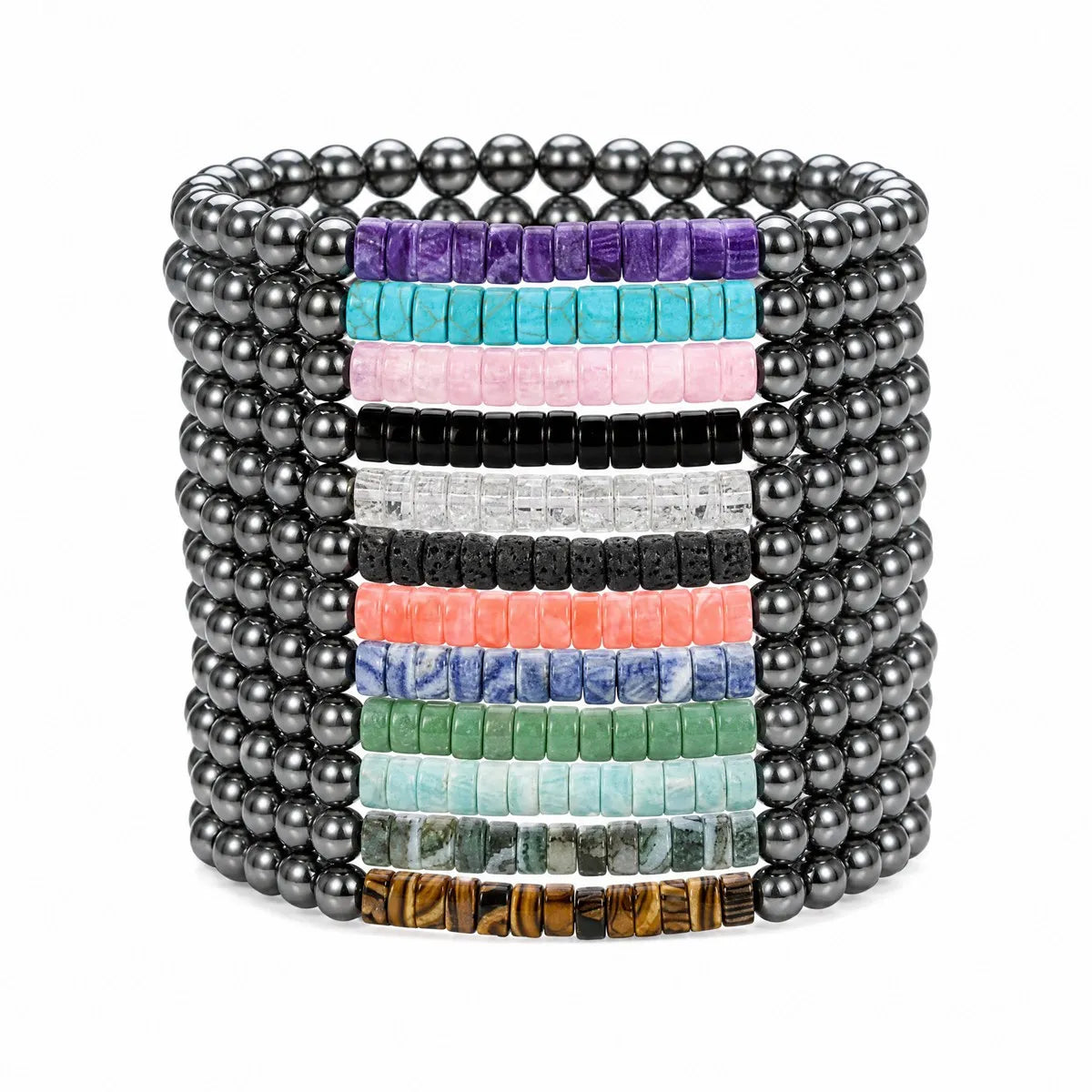 Dainty 4mm Hematite Bead Bracelet Mixed Natural Stone Tube Disc Bead Elastic Stackable Bracelet for Ladies #SB3156