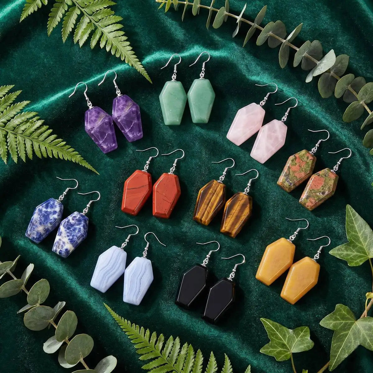 Healing Chakra Coffin Gemstone Dangle Earrings for Women Girls SE1378