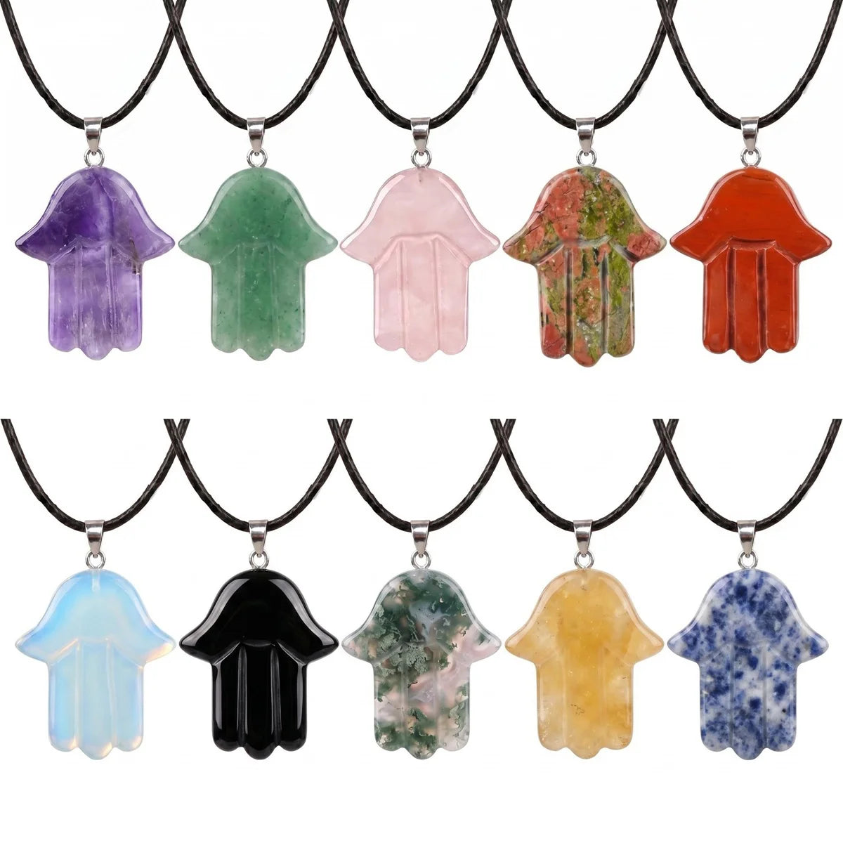 Hamsa Hand Natural Gemstone Pendant Necklace Evil Eye Protection Healing Stone Spiritual Jewelry Gift For Women 45cm Cord SN0671