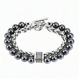 Men Double Layer Gemstone Bead Bracelet, Stainless Steel Chain OT Clasp Bracelet, 8mm Healing Crystal Wrist Jewelry Gift