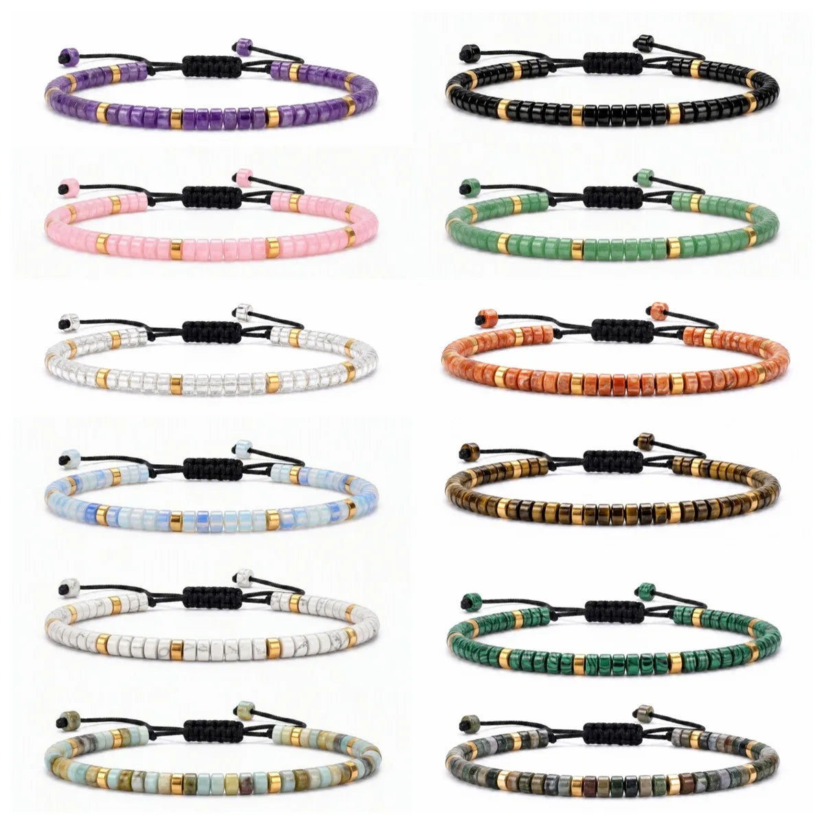 4MM Natural Stone Heishi Disc Braided Bracelet, Gold Spacer Bead Adjustable Woven Boho Stackable Bracelet for Women #SB3151