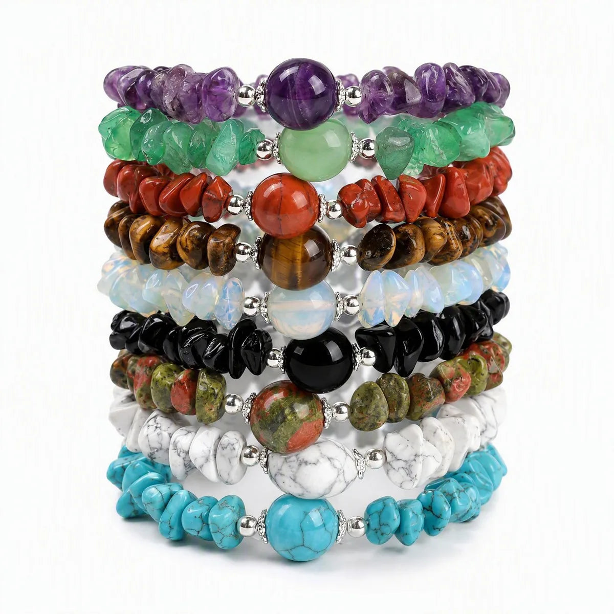 Natural Chip Gemstone Bracelet 12mm Round Focal Bead  Adjustable Chain Healing Crystal Boho Stackable Bracelets for Women #SB3158