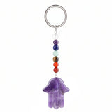 7 Chakra Stone Beads Chain Carved Gemstone Hamsa Hand Keychain Energy Balancing Healing Crystal Bag Charm of Fatima Key Ring  KC0671