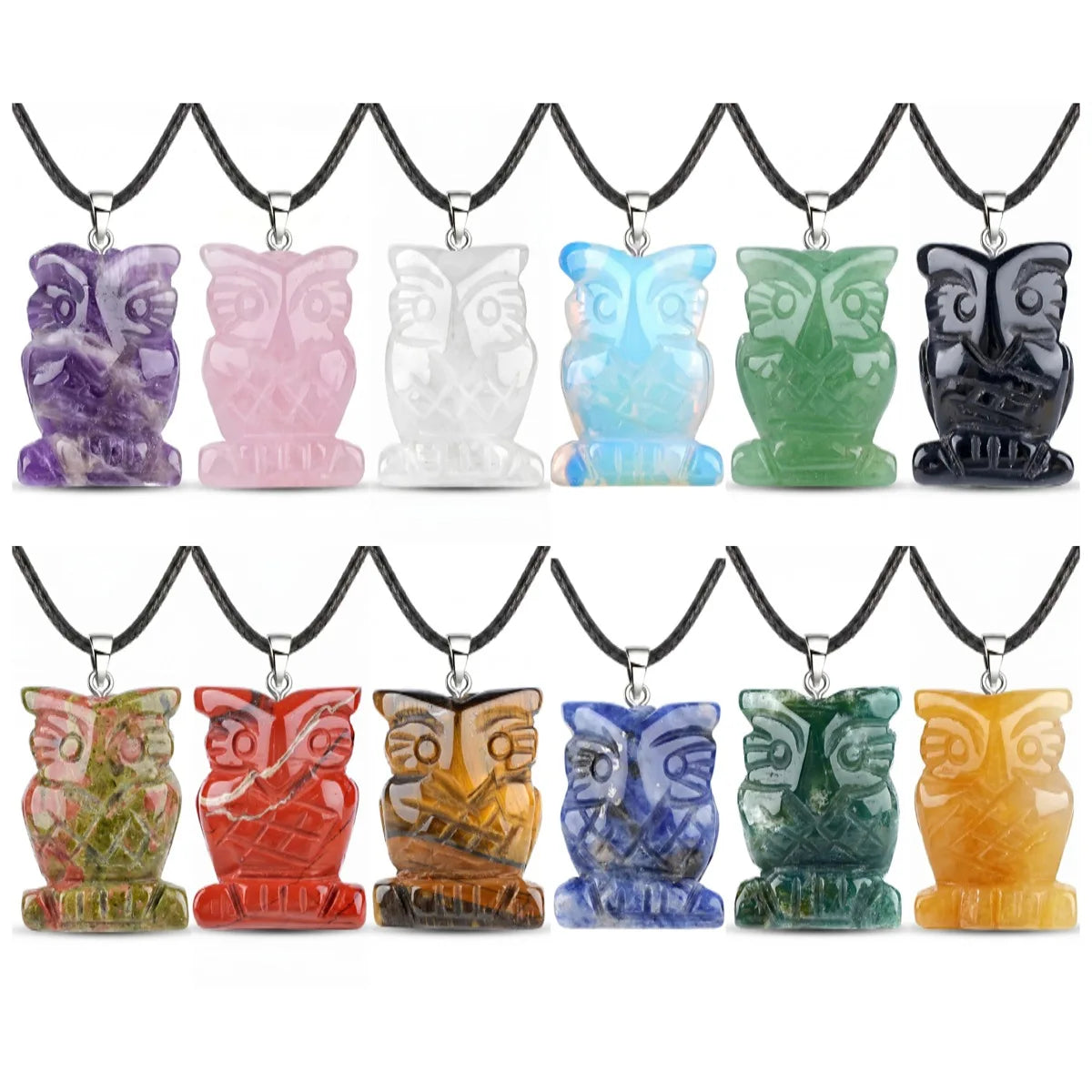 25mm Healing Crystal Owl Gemstone Necklace Jewelry Fashion Reiki Stone Pendant for Women Men 45CM Black Cord SN2329