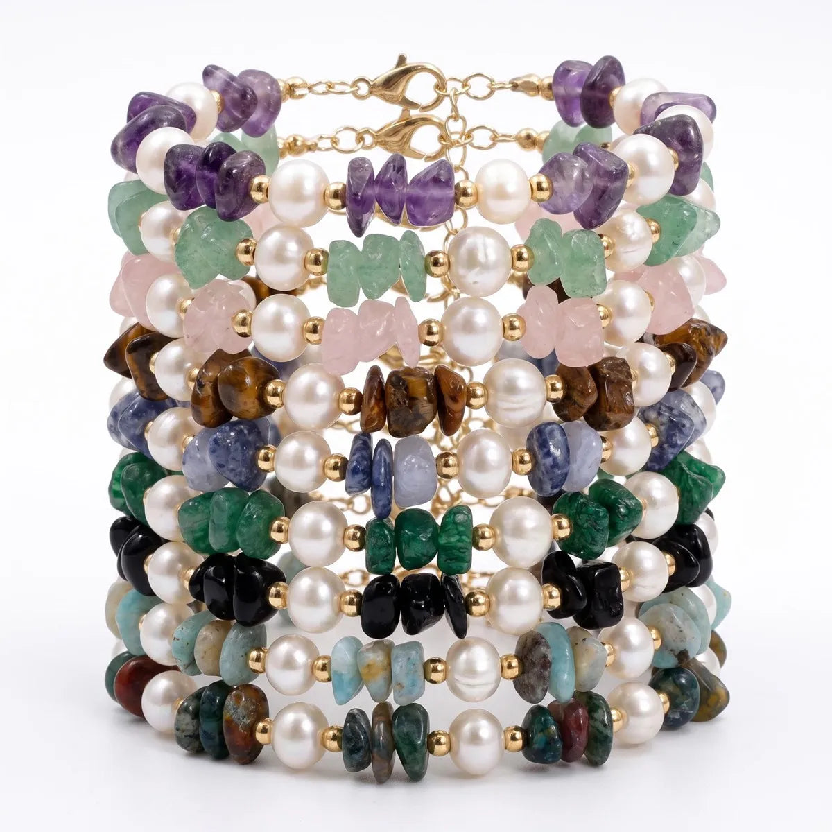 Natural Freshwater Pearl & Stone Bracelet Irregular Chip Crushed Stone Gold Plated Adjustable Chain Bracelet for Women #SB3157