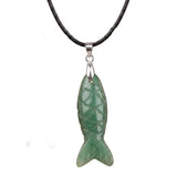 Handmade Craved Gemstone Fish Pendant Necklace 45cm Adjustable Leather Cord Spiritual Crystal Jewelry