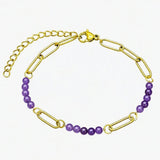 Gold Stainless Steel Paperclip Chain Bracelet Tiny Gemstone Bead Adjustable Dainty Layering Bracelets for Women #SB3161G