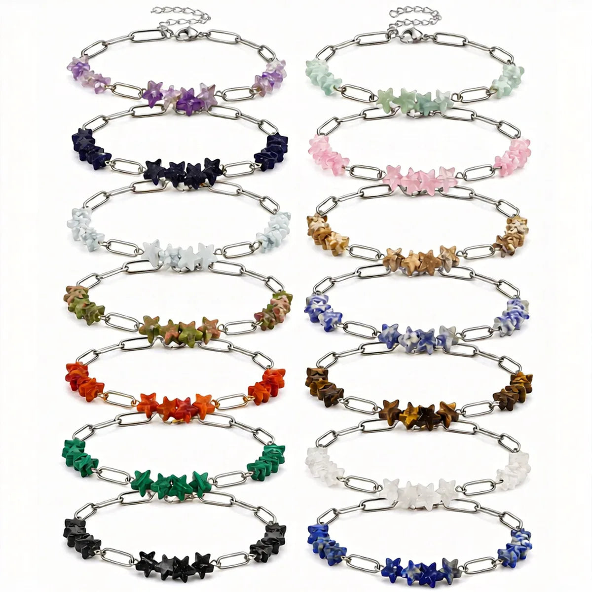 Natural Star Crystal Beaded Bracelet Stainless Steel Paperclip Chain Adjustable Multi‑Color Gemstone Bracelet Women Stacking #SB3162