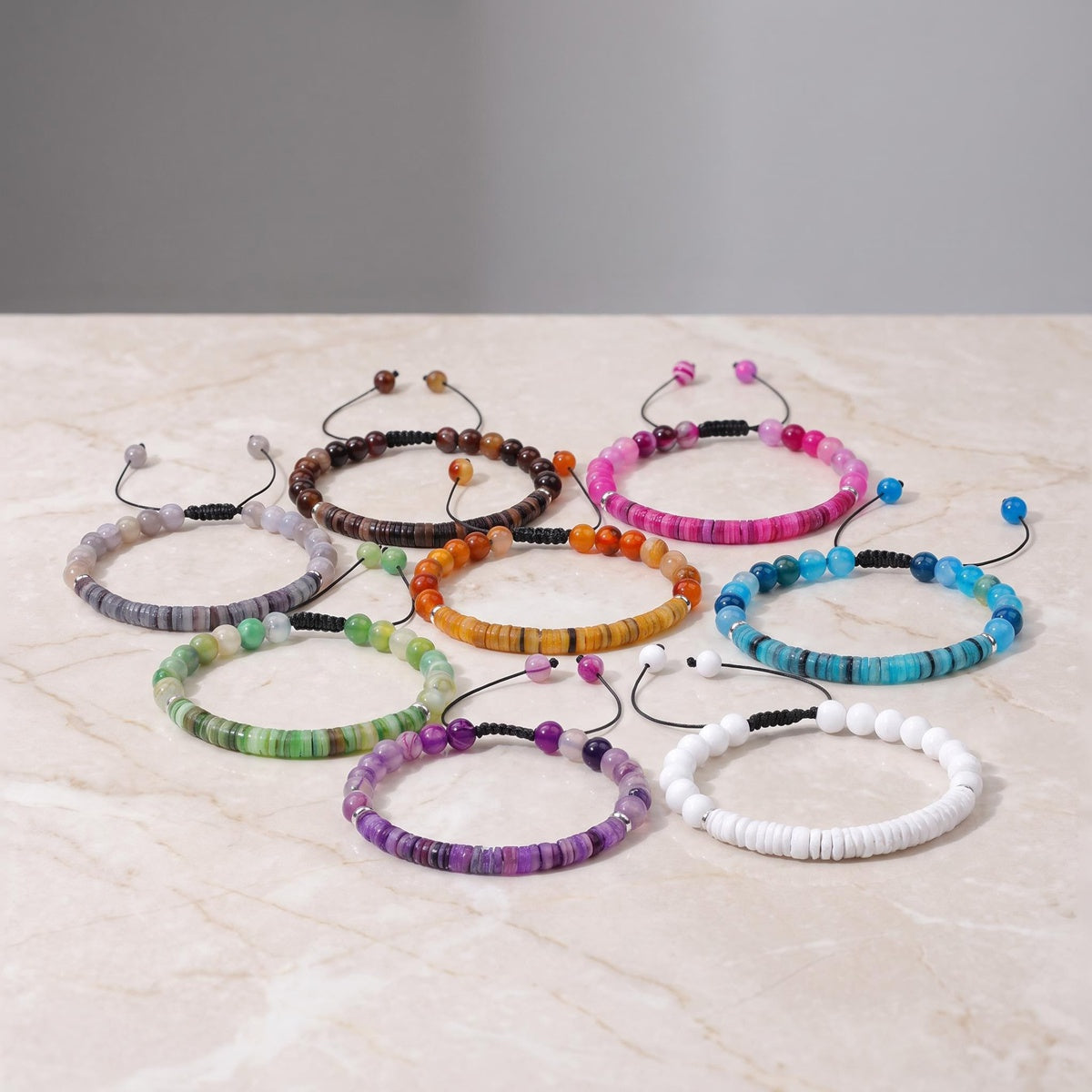 Natural Agate Round Bead Bracelet Pearl Shell Heishi Disc Spacer Adjustable Braided #SB3148
