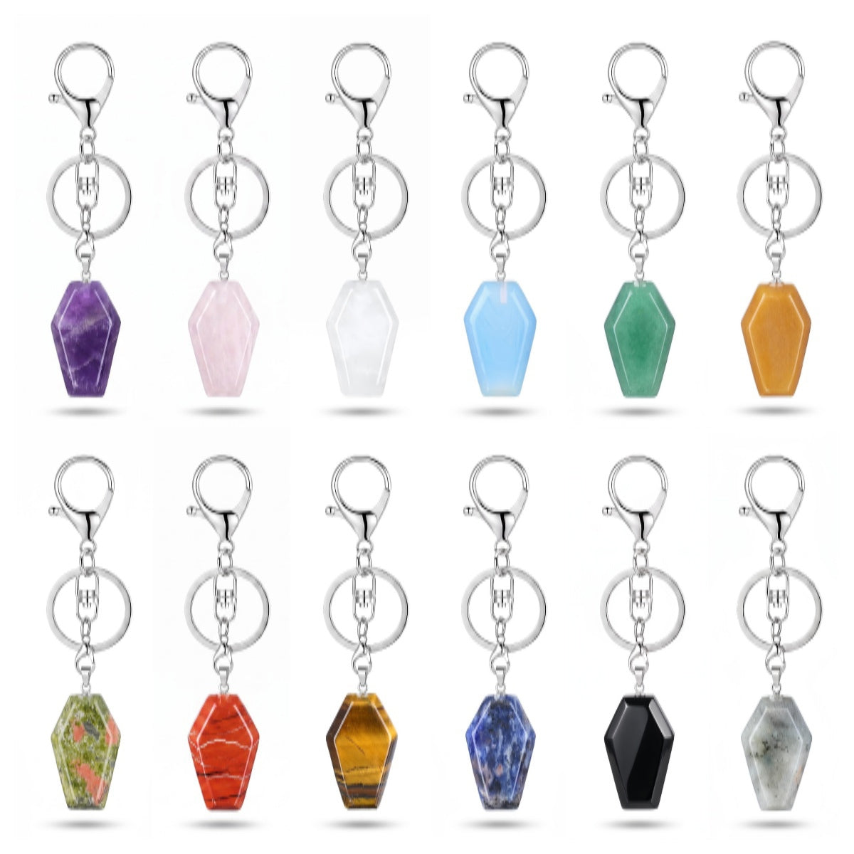 Natural Stone Coffin Keychain with Lobster Clasp Crystal Healing Gemstone Key Ring Bag Charm