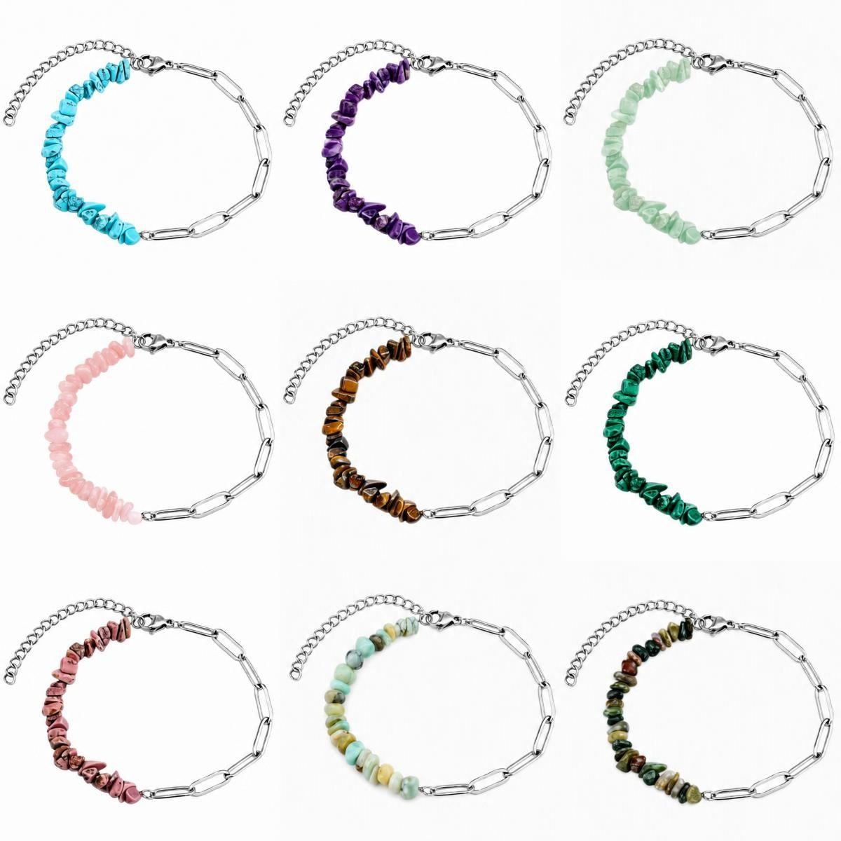 Healing Crystal Chips Stone Paperclip Link Bracelet Dainty Layering Handmade Bracelet Multiple Stone Options #SB3165