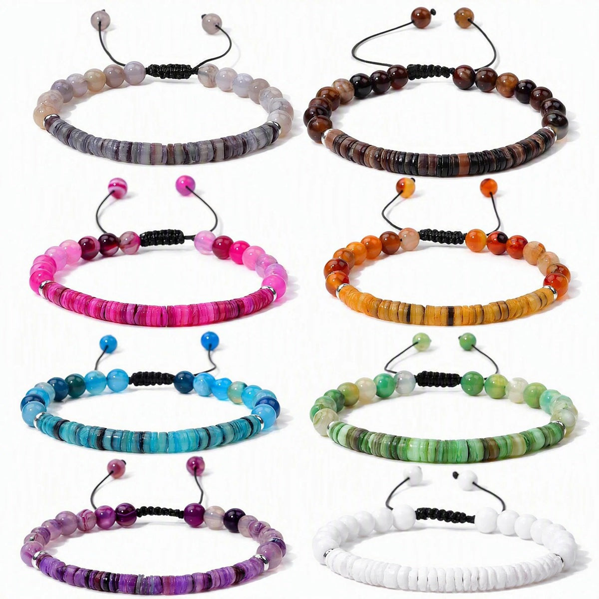 Natural Agate Round Bead Bracelet Pearl Shell Heishi Disc Spacer Adjustable Braided #SB3148
