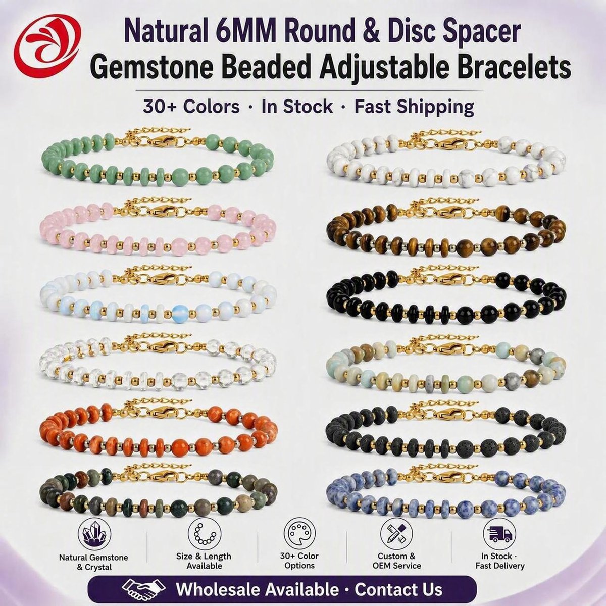 6MM Heishi Disc Spacer Round Bead Gemstone Bracelet Gold Chain Adjustable #SB3145
