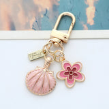 Cute Shell & Flower Enamel Keychain, Dainty Rhinestone Bag Charm, Small Fresh Pendant for Airpod Case, Best Friend Gift