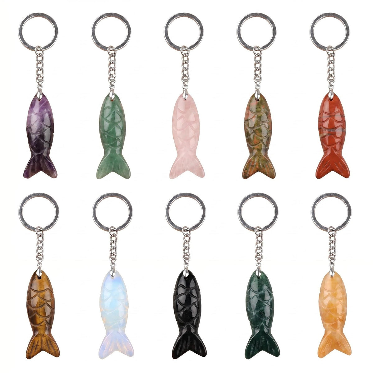 Hand Craved Gemstone Fish Keychain 15X40MM Animal Pendant Keyring