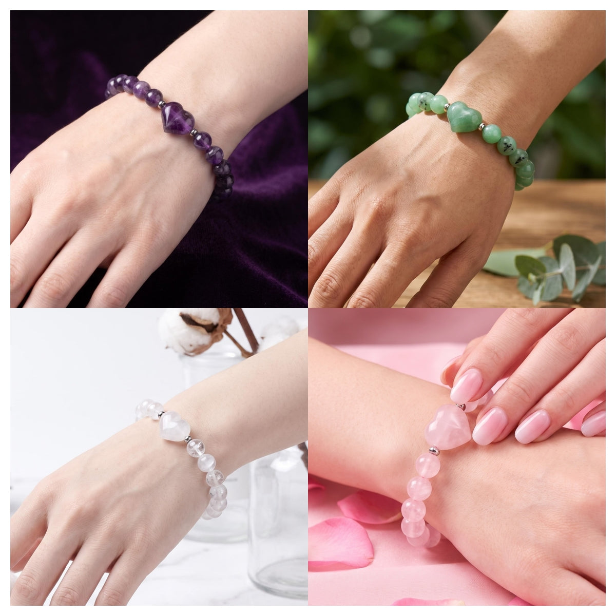 Natural Crystal Beaded Bracelet with 16mm Center Stone Heart - 8mm Round Beads #SB3133