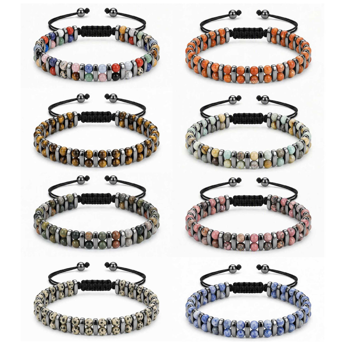 4mm Natural Gemstone Beaded Bracelet, Hematite Spacer Adjustable Macrame Drawstring Unisex Healing Crystal Wristband Multi‑Stone Choice Gift